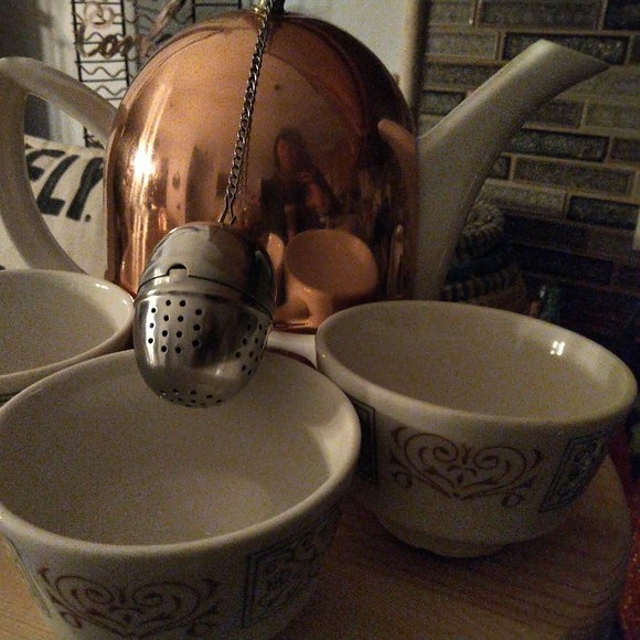 Exc Vtg Teapot w.copper thermal cover tea steeper 3 Homer Laughlin teacups bonus - Picture 1 of 14